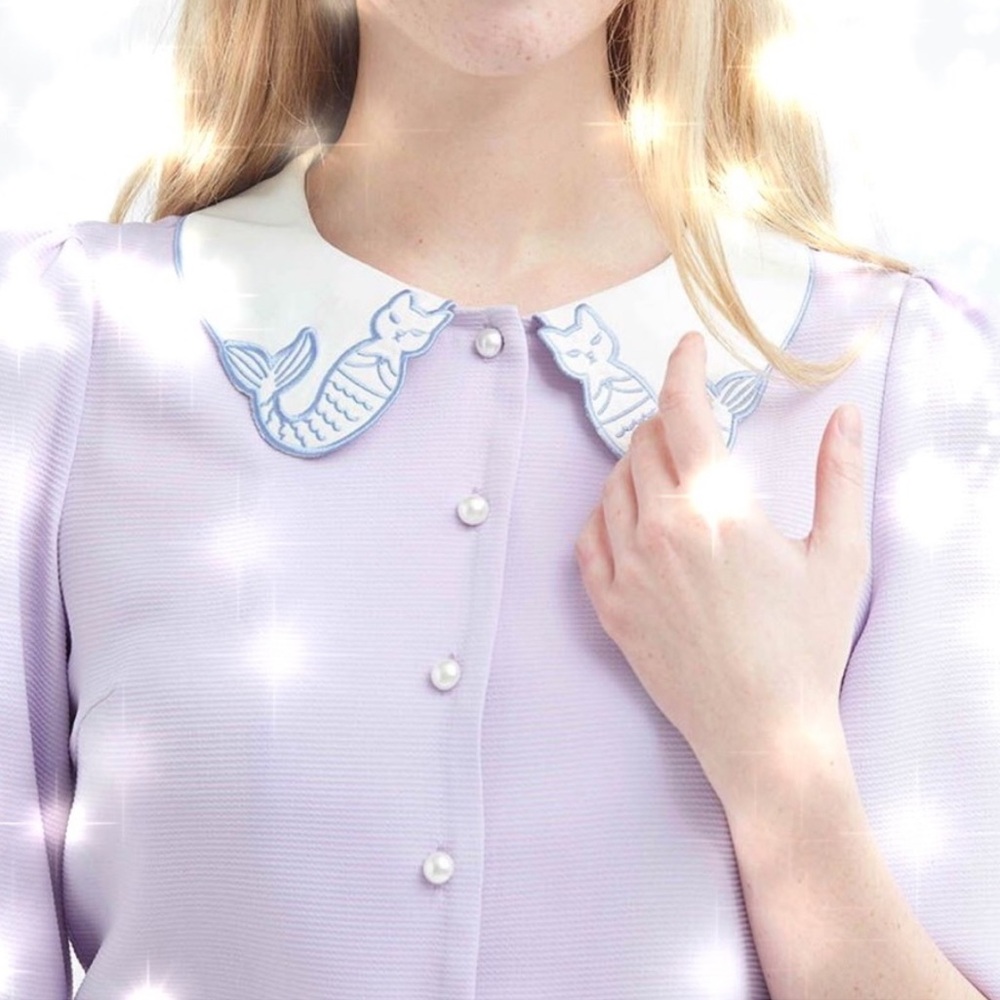 Miss Patina Pearl Button Blouse with Mermaid Cat Collar